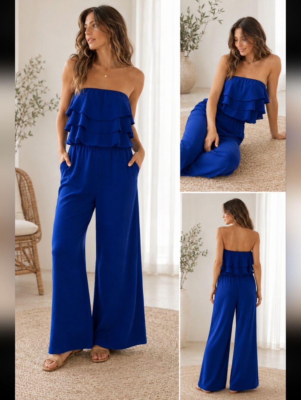 Monteau Los Angeles Blue Strapless Ruffle Wide Leg Jumpsuit XS
